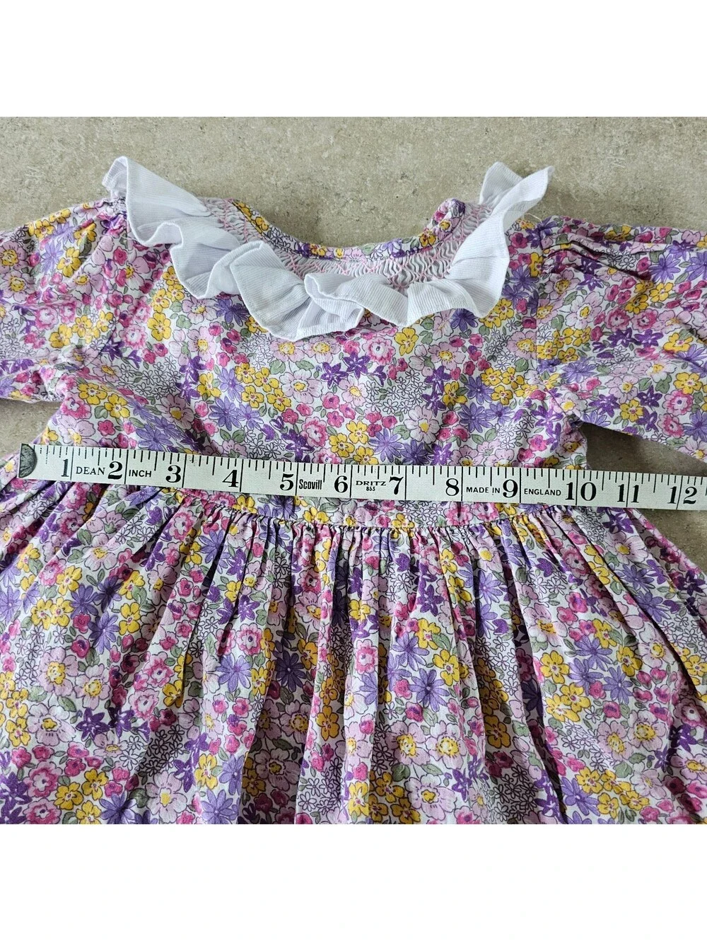 Vintage Floral Long Sleeve Dress Eyelet Hem for Kids 18 M
